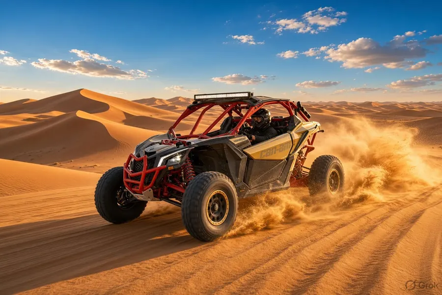 Can-Am Maverick X3 two-seater turbo dune buggy jumping desert dunes