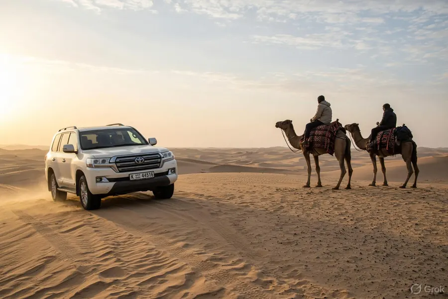 Sunrise over Dubai desert dunes during morning safari